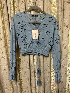Missguided Baby Blue Broderie Anglaise Lace Up Crop Top NWT US 4